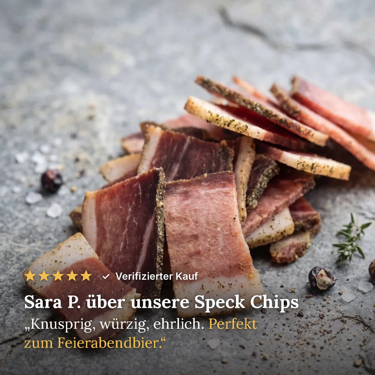 Kundenbewertung: Sara P. über unsere Speck Chips, 5 Sterne