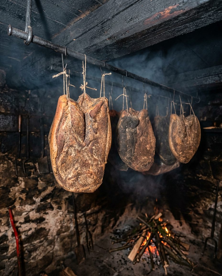 Speck hängt in einer traditionellen Südtiroler Selchkammer über dem Feuer